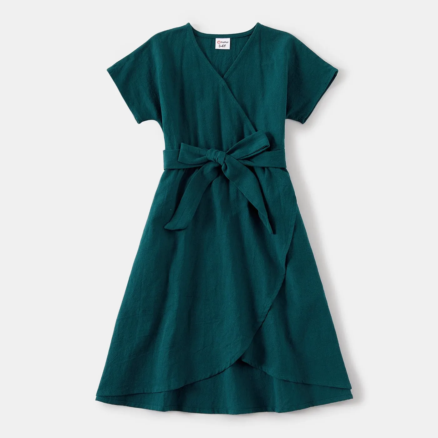 100% Cotton Family Matching Short-sleeve Belted Wrap Dresses and Color Block T-shirts Sets