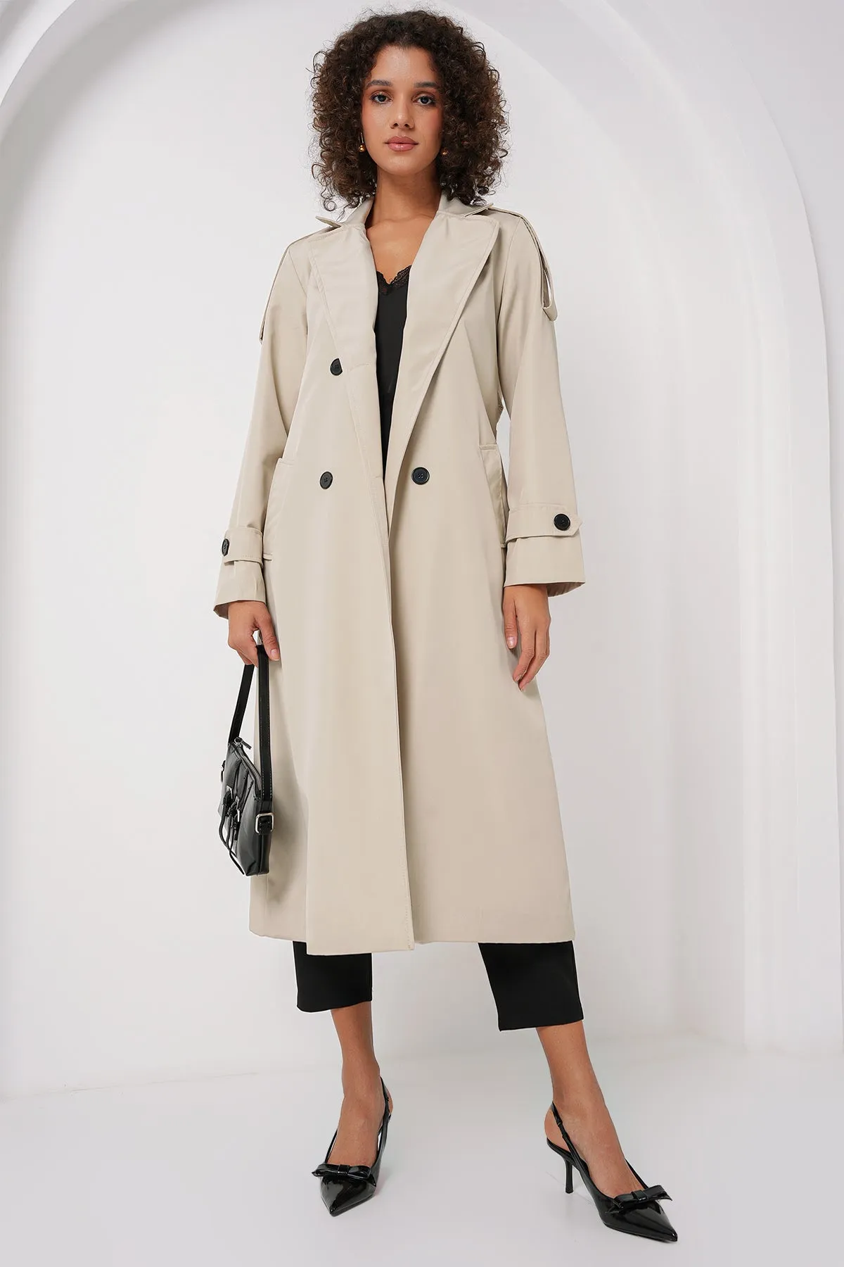 BGD Women Double Breasted Long Trench Coat - Stone - San José Villa de Allende