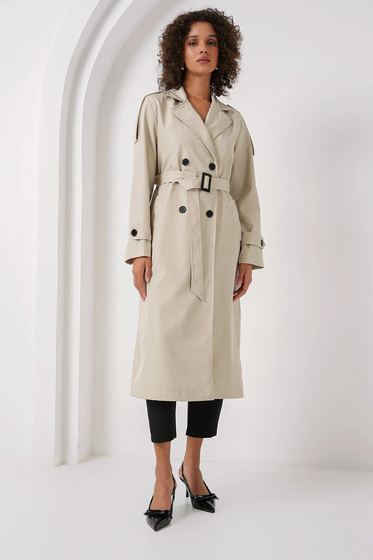 BGD Women Double Breasted Long Trench Coat - Stone - San José Villa de Allende