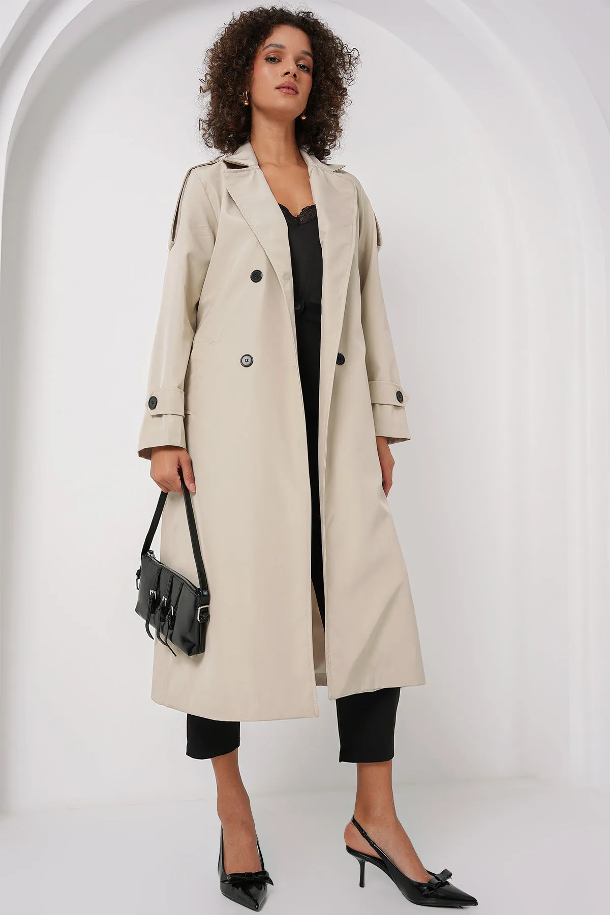BGD Women Double Breasted Long Trench Coat - Stone - San José Villa de Allende