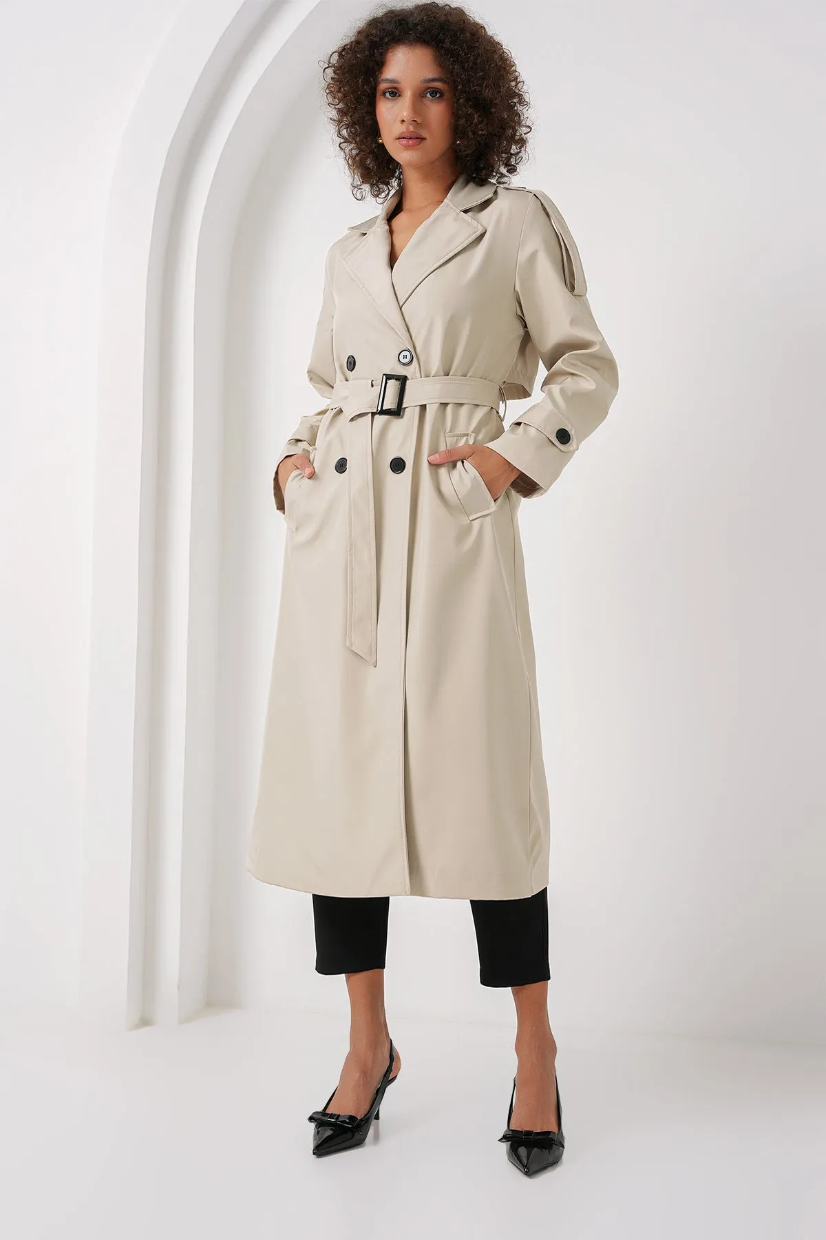 BGD Women Double Breasted Long Trench Coat - Stone - San José Villa de Allende