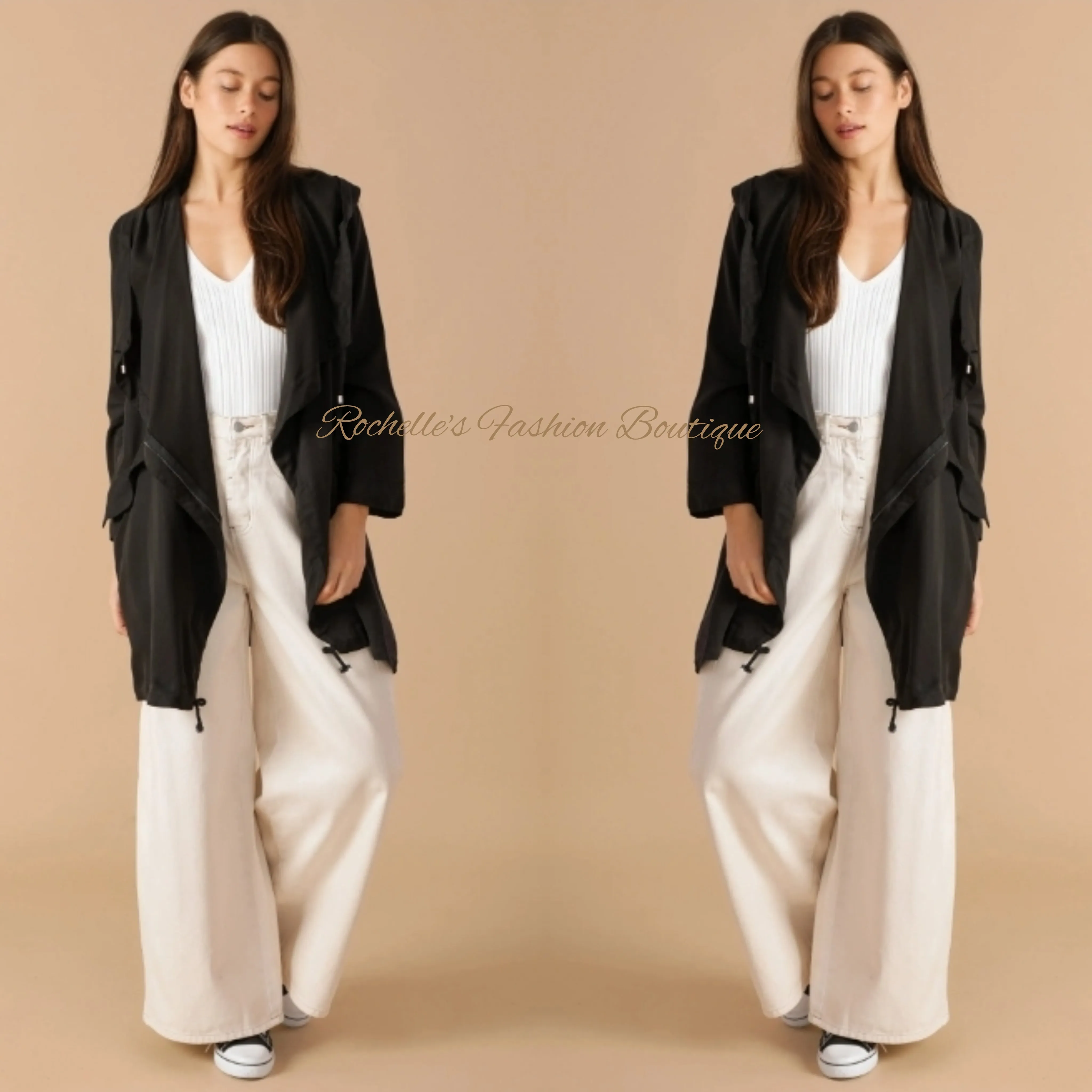 Black Draped Collar Hooded Jacket