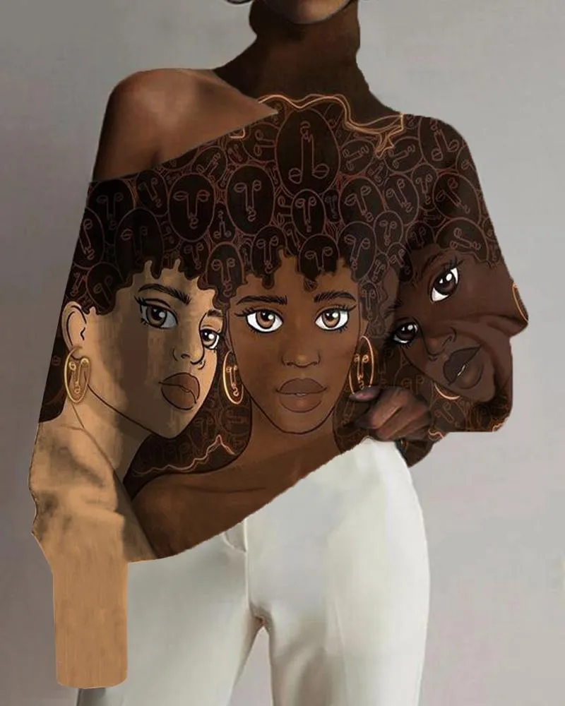 Black Girl Cartoon Ethnic Style Vintage Print High Neck Long Sleeve Top
