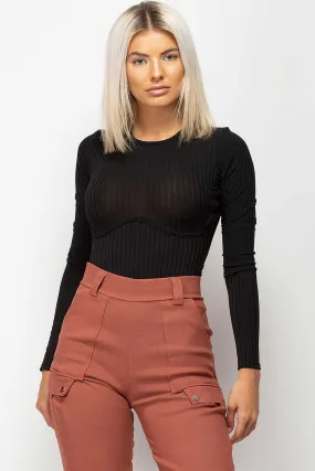 Black Ribbed Bodysuit With Underbust Detail