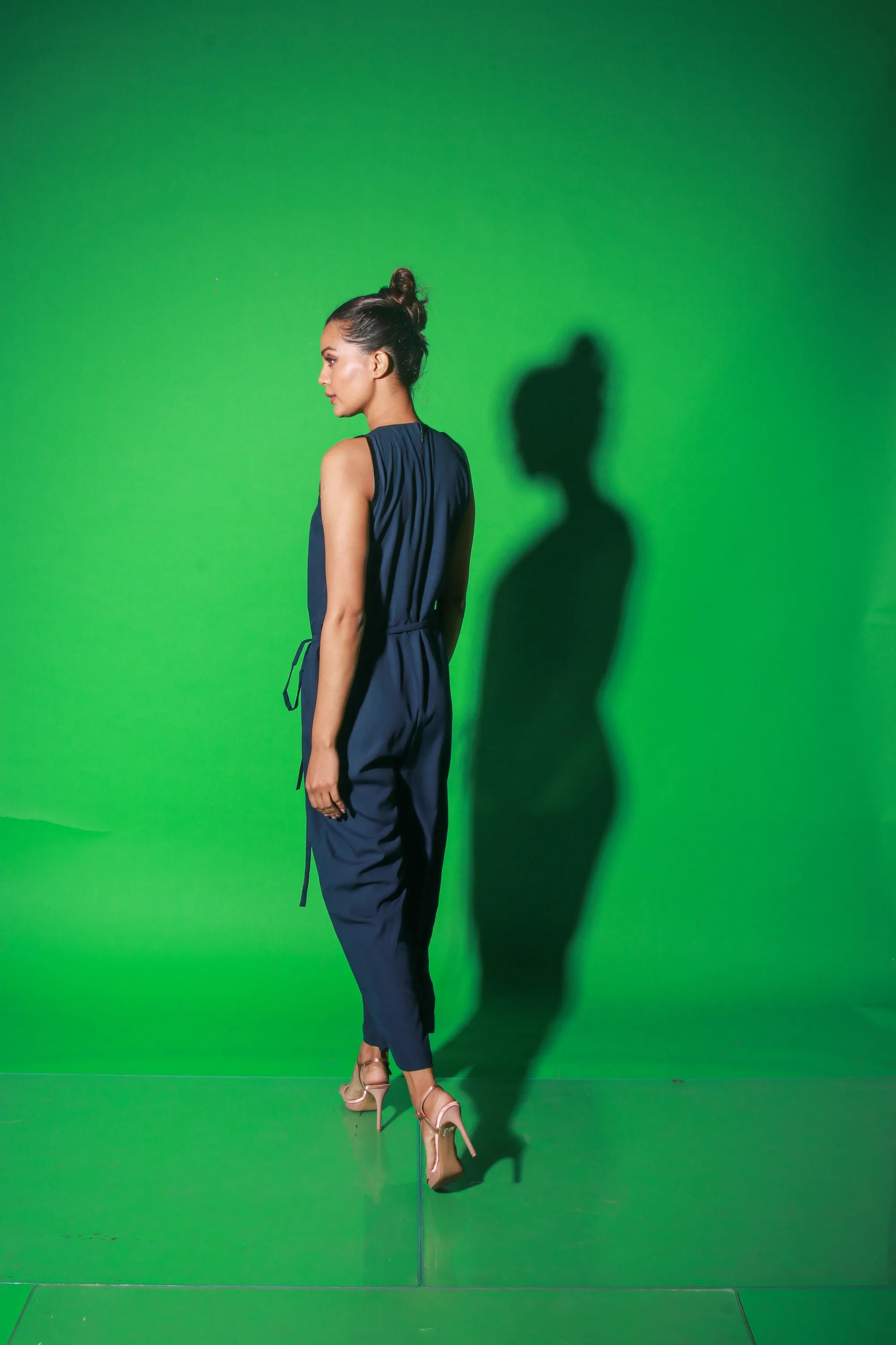Blue full length sleeveless jumpsuit