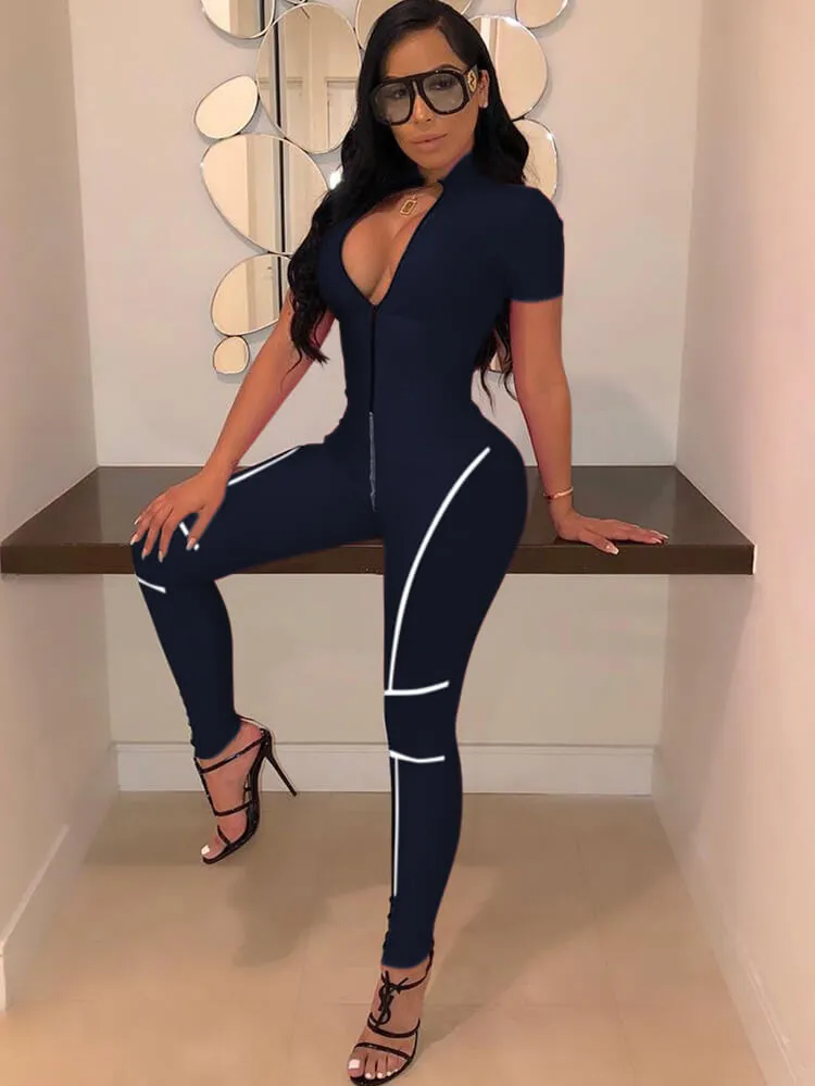 Bodycon Stitching Short Sleeve Jumpsuit With Zipper