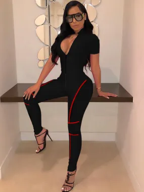 Bodycon Stitching Short Sleeve Jumpsuit With Zipper