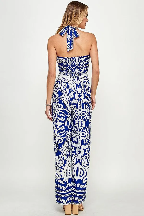 border print halter jumpsuit