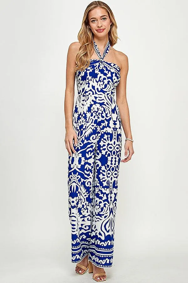 border print halter jumpsuit