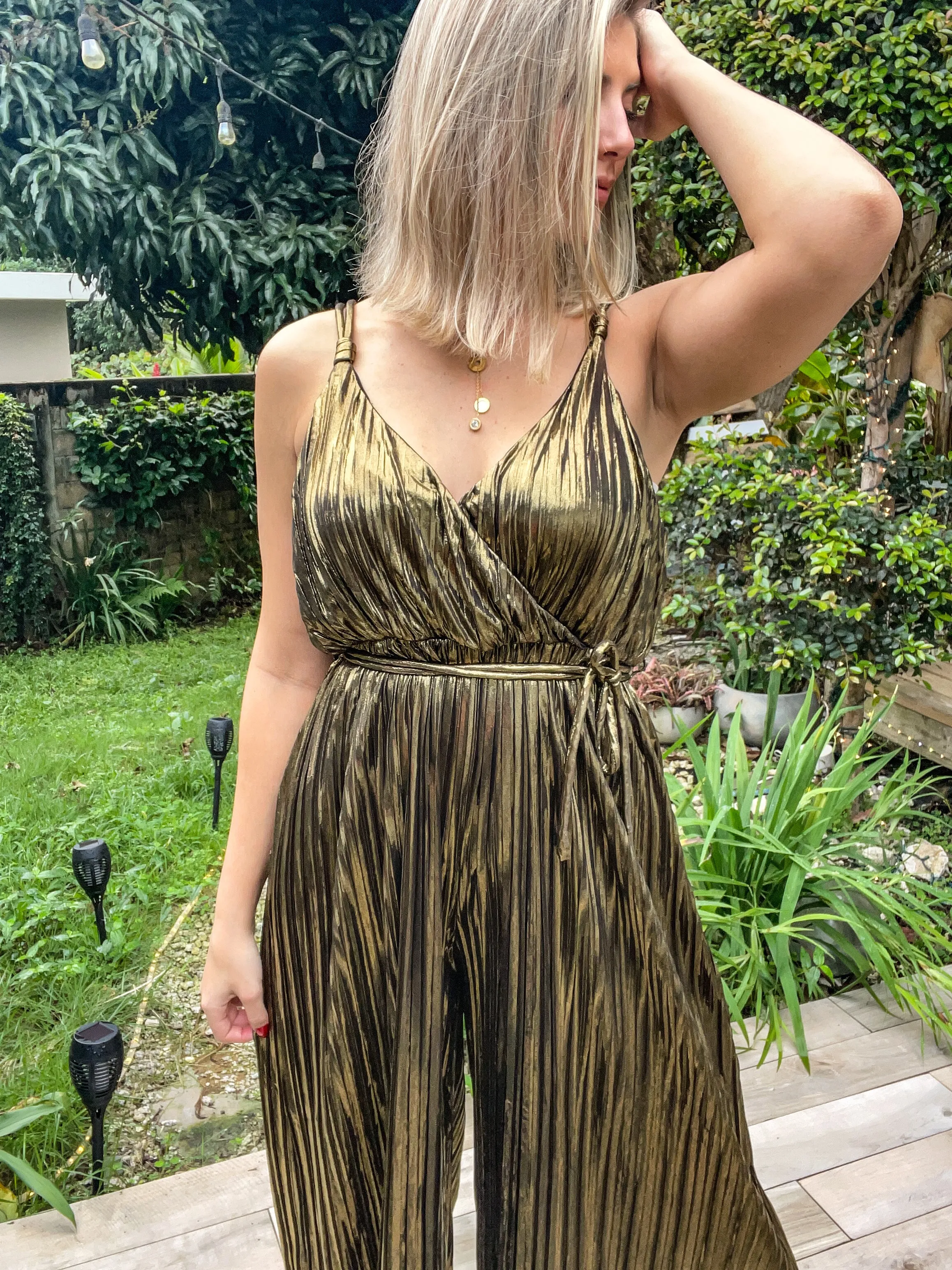 BRONZE METALLIC PLEATED JUMPSUIT