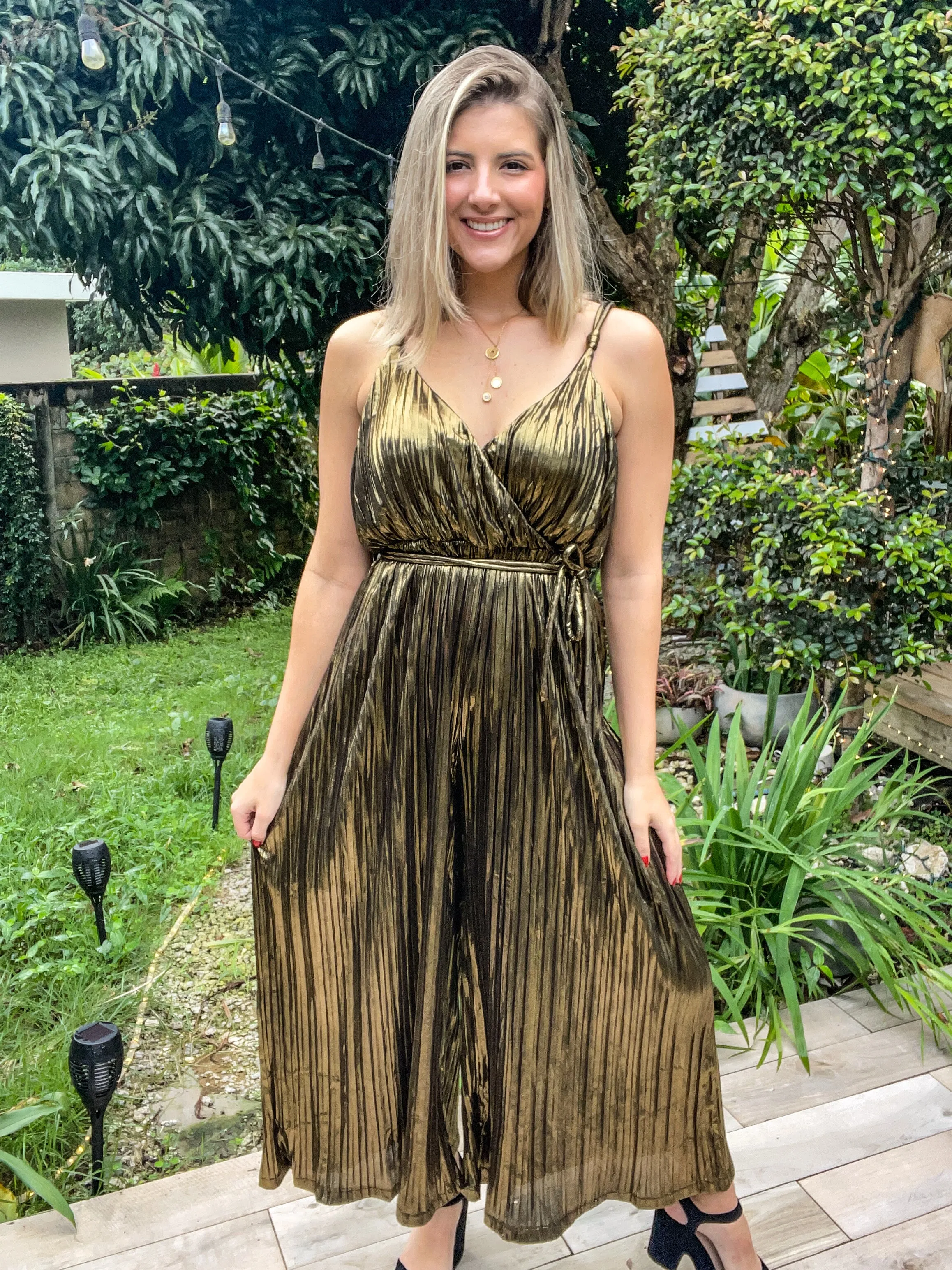 BRONZE METALLIC PLEATED JUMPSUIT