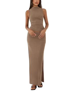 BTFBM Womens Two Piece Outfits Summer Lightweight 2025 Mock Neck Sleeveless Knit Tops Maxi Skirt Set Going Out Dress(Khaki, XX-Large)