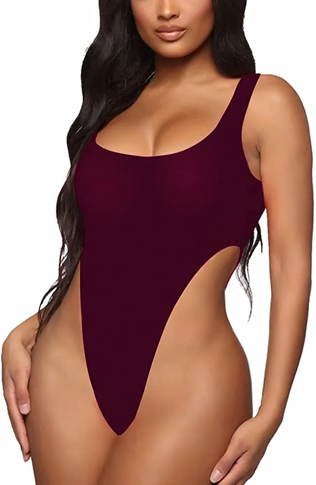 Burgundy Scoop Neck Basic Tank Top Bodysuits