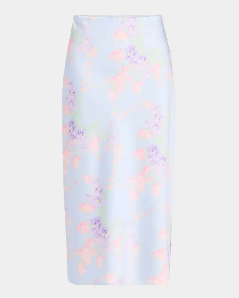 Castle Satin Floral Maxi Skirt in Peachy Blues