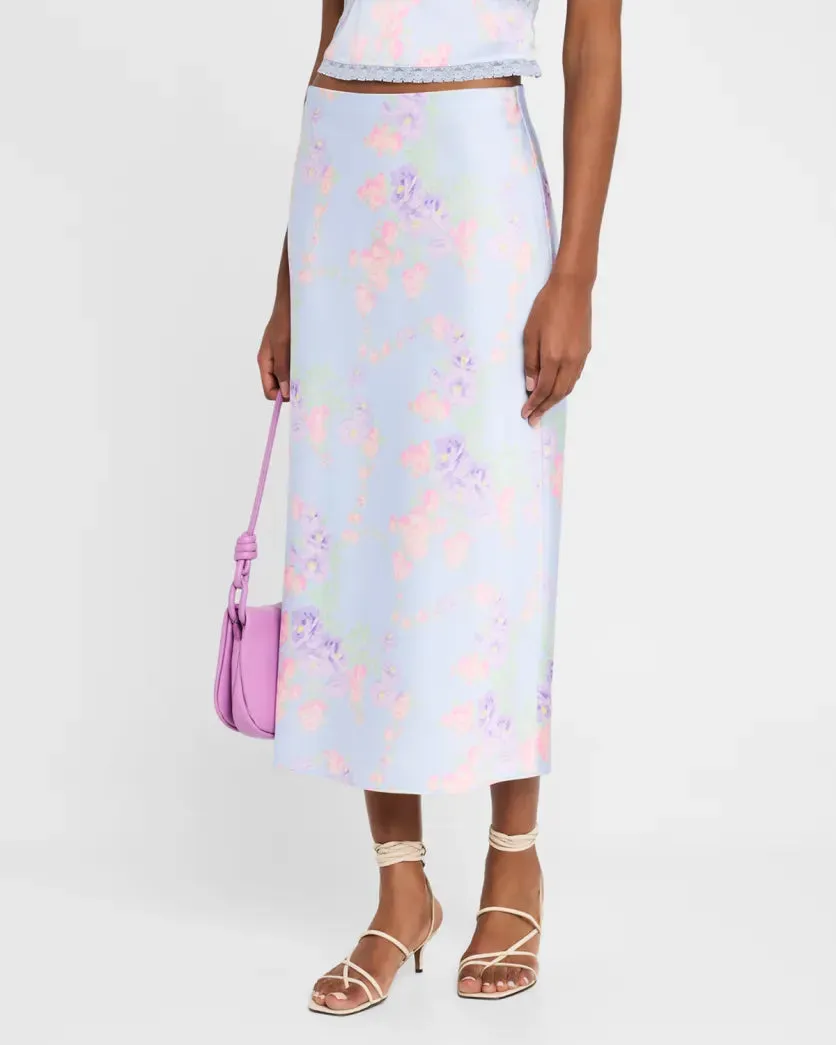 Castle Satin Floral Maxi Skirt in Peachy Blues