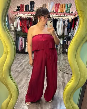 Cerise Plisse Strapless Ruffle Jumpsuit