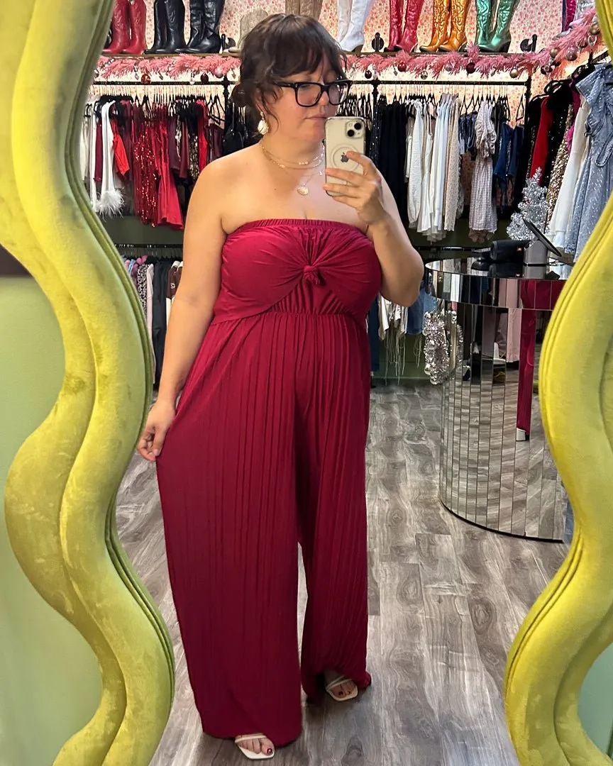Cerise Plisse Strapless Ruffle Jumpsuit