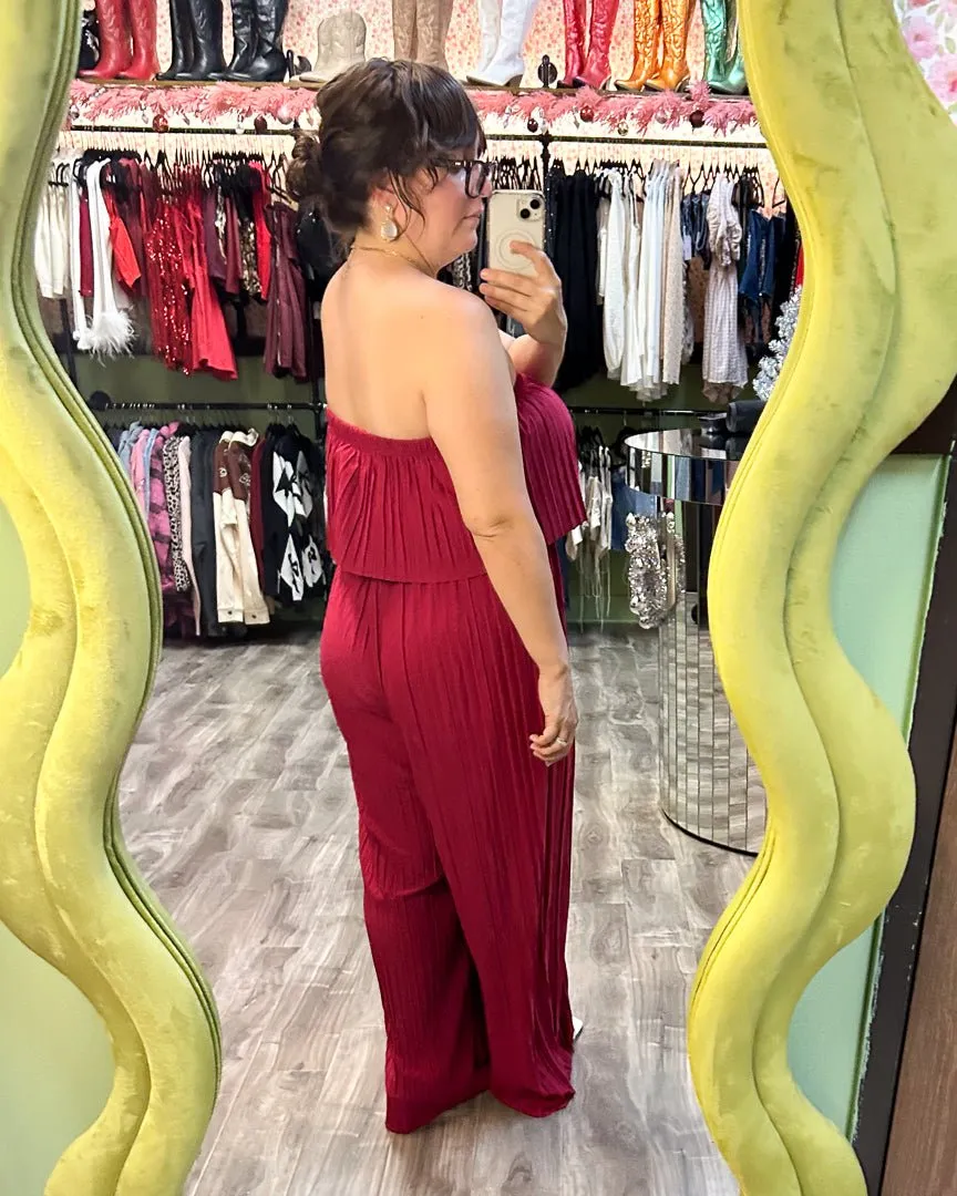 Cerise Plisse Strapless Ruffle Jumpsuit