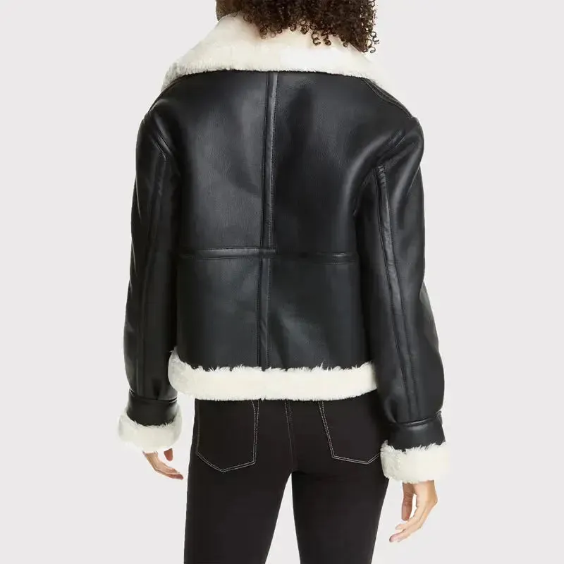 Chic Women's Black Faux Leather Shearling Jacket