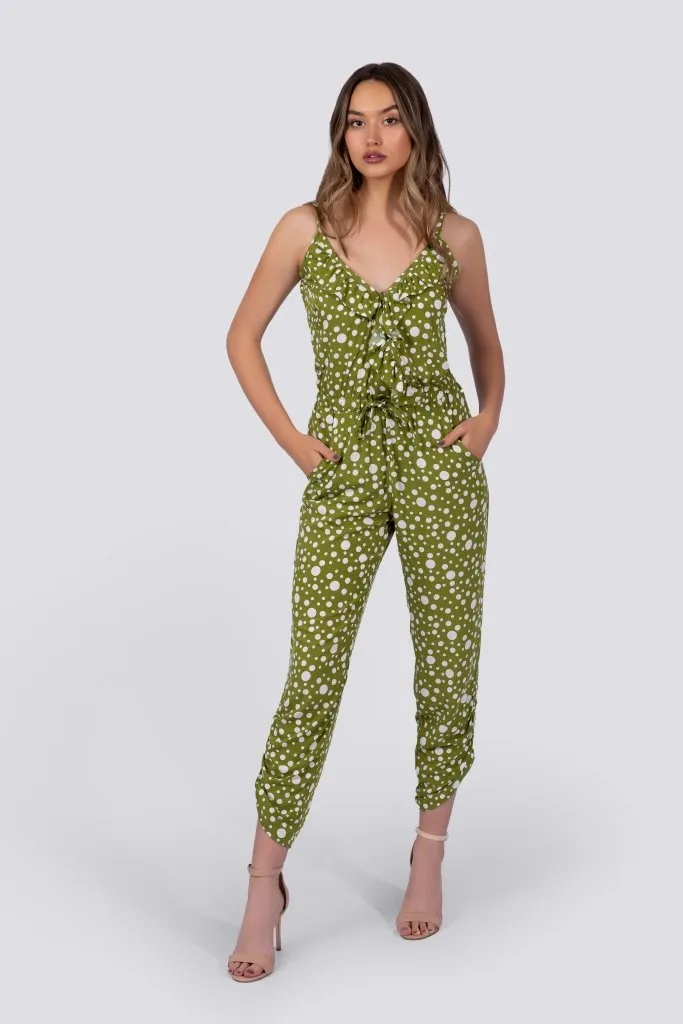 Chloe Jumpsuit | Green Polka Dot