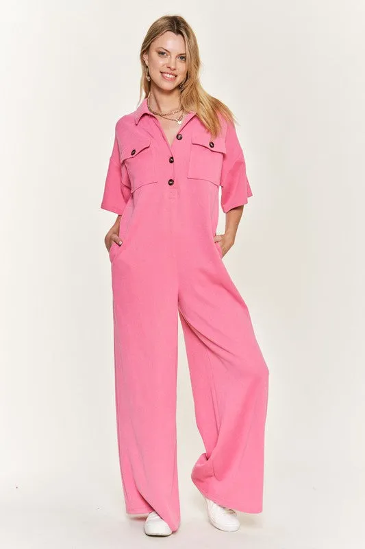 Collar Shirt Wide Leg Jumpsuit