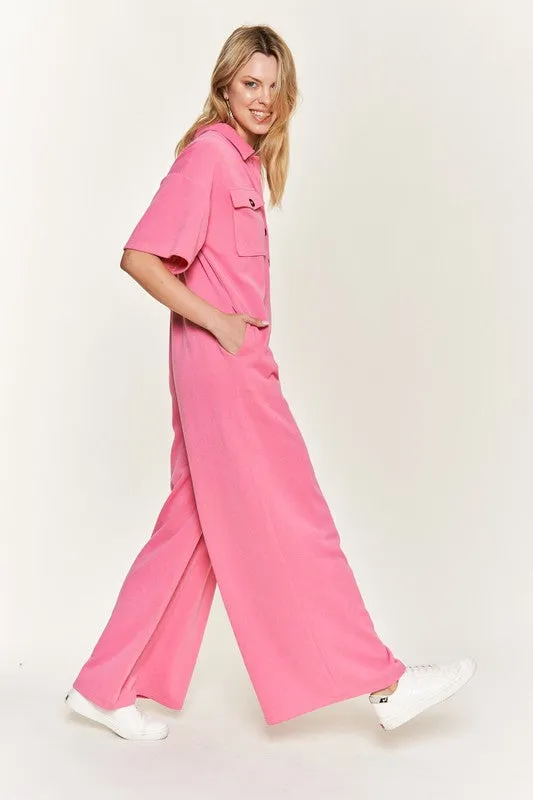 Collar Shirt Wide Leg Jumpsuit