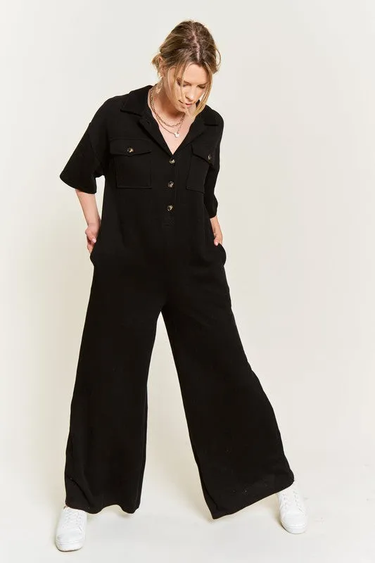 Collar Shirt Wide Leg Jumpsuit