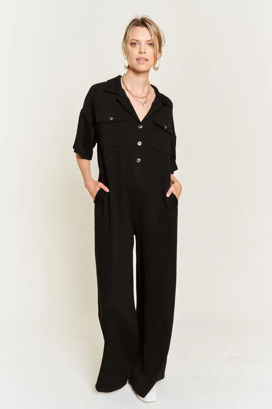 Collar Shirt Wide Leg Jumpsuit