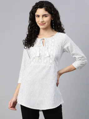 Cottinfab Women Striped Tie-Up  Neckline Cotton Top