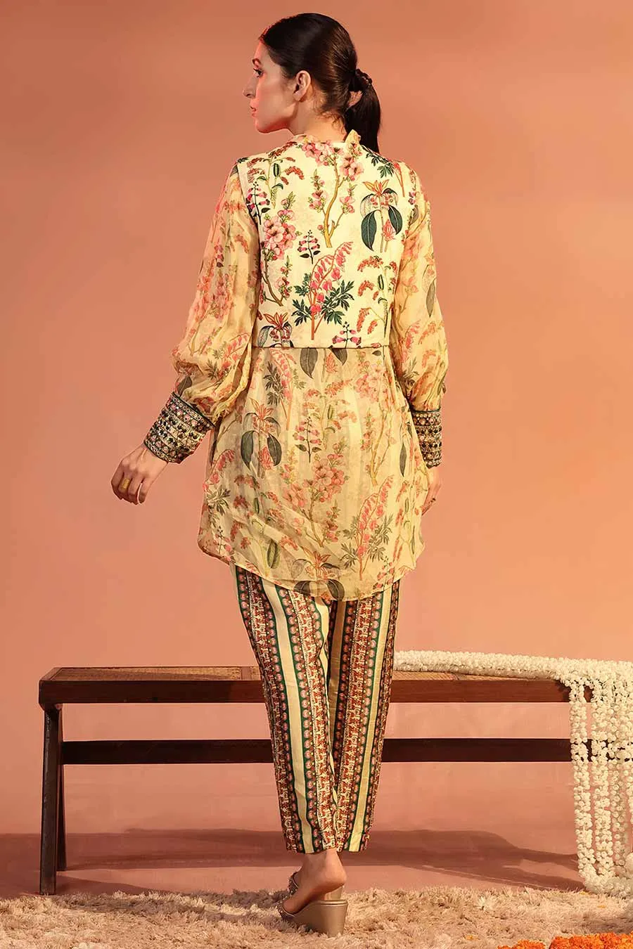 Cream Tamaya Embroidered Tunic Set With Jacket