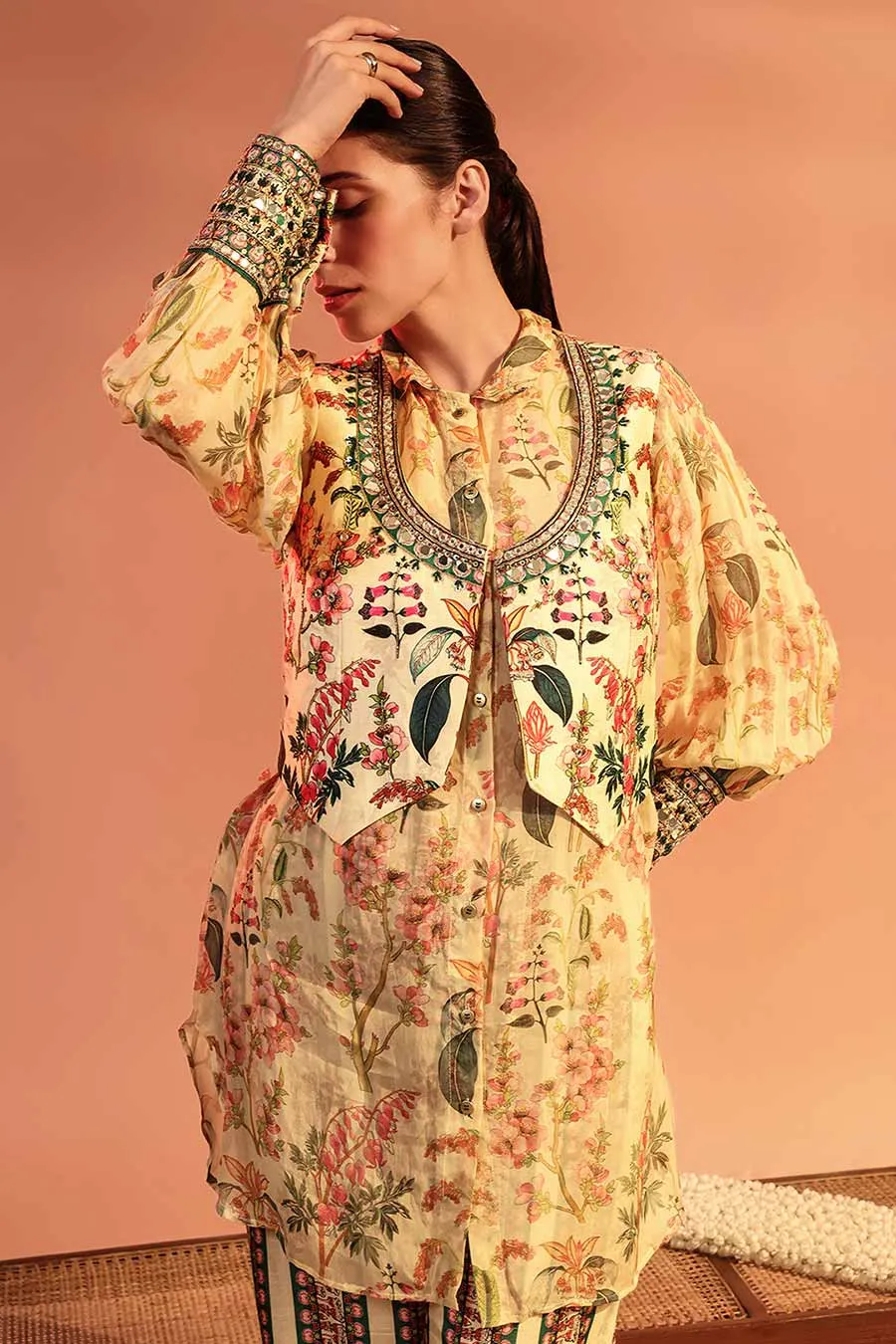 Cream Tamaya Embroidered Tunic Set With Jacket