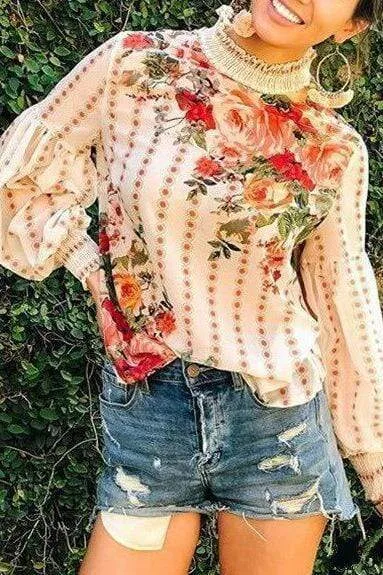 Dunnmall Chiffon Printed Lantern Sleeve Shirt