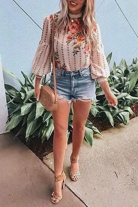 Dunnmall Chiffon Printed Lantern Sleeve Shirt