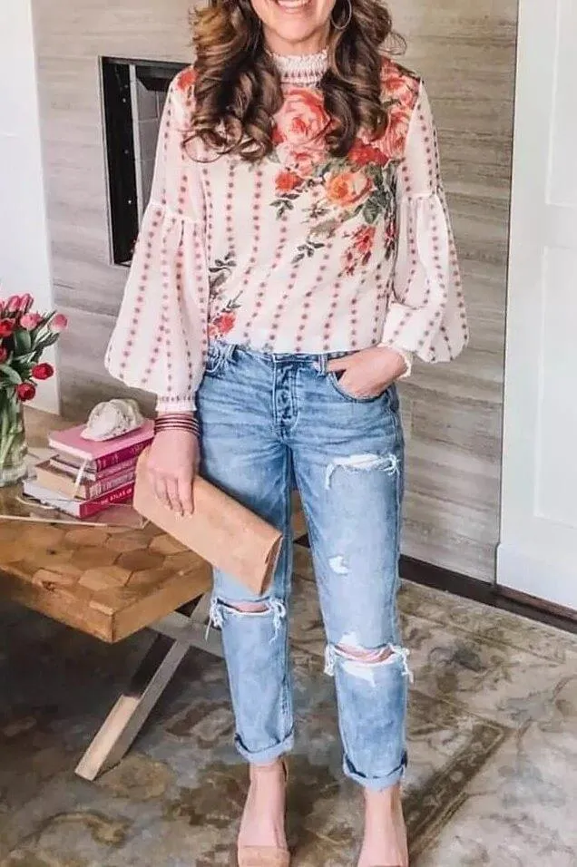 Dunnmall Chiffon Printed Lantern Sleeve Shirt