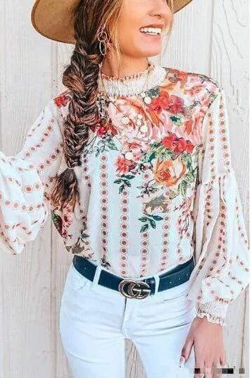 Dunnmall Chiffon Printed Lantern Sleeve Shirt