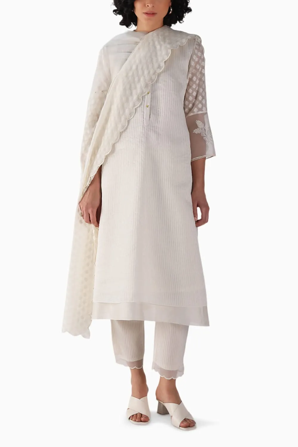 Embroidered Sleeved Tunic and Pant with Dupatta