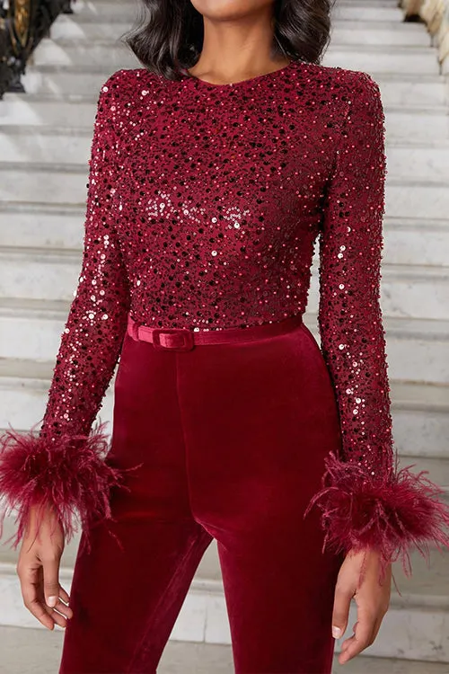 Febedress Feather-Paneled Long Sleeves Bell Bottoms Sequin Jumpsuit