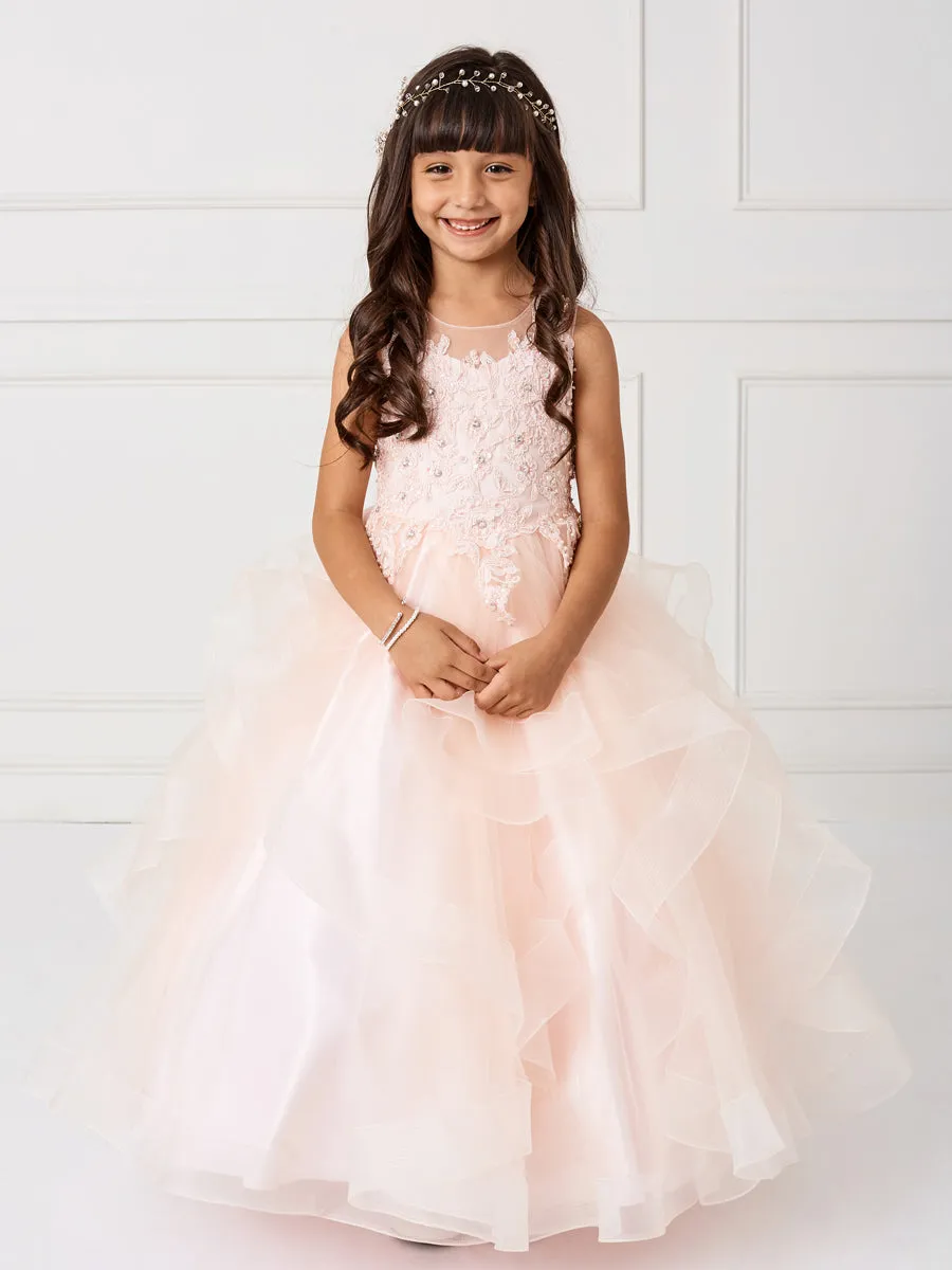 Girls Tulle Layered Floor Length Dress with Crystal