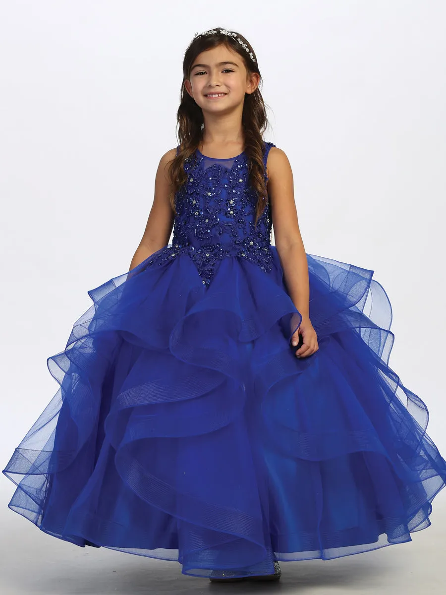 Girls Tulle Layered Floor Length Dress with Crystal