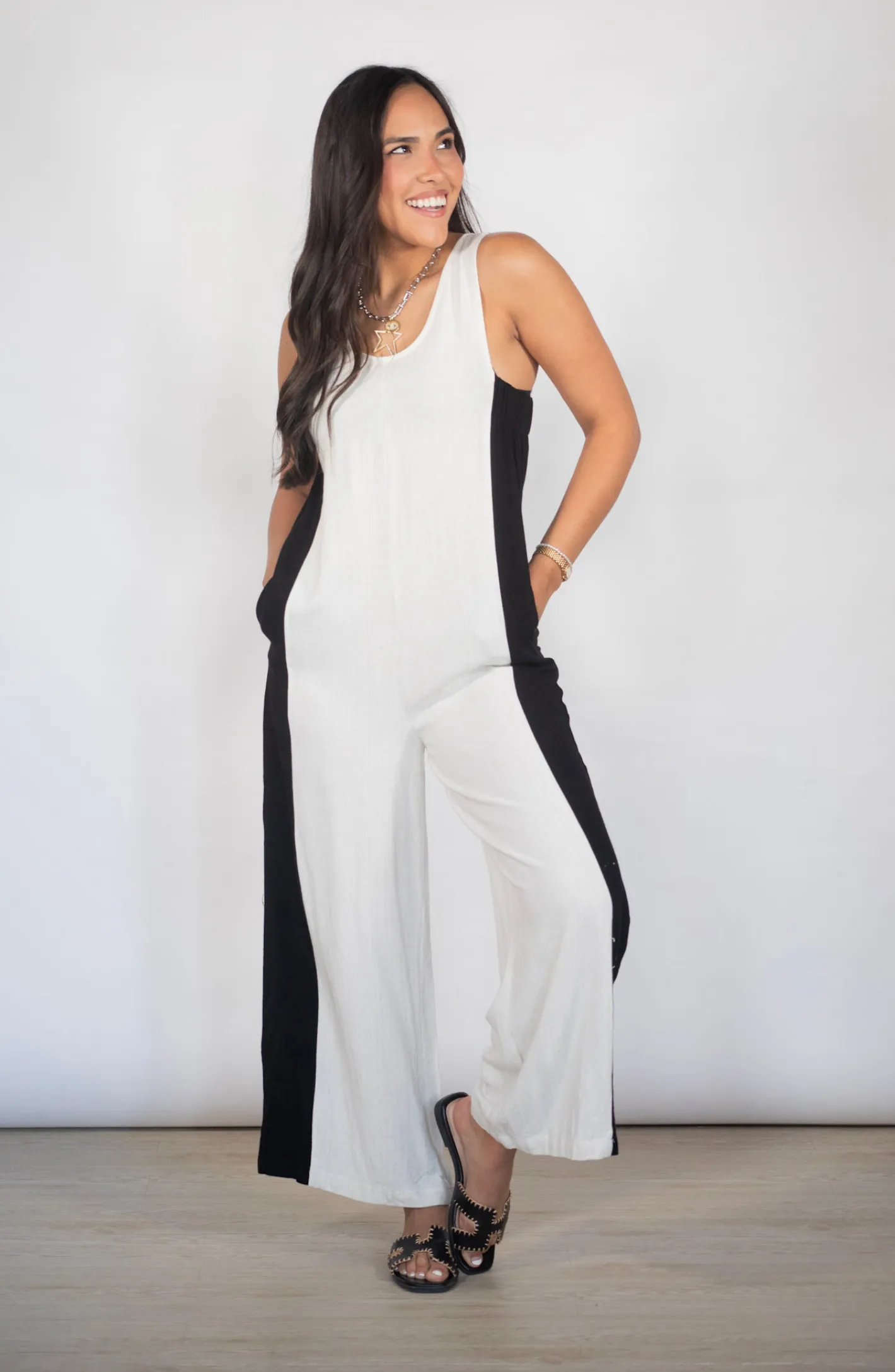 Give It Meaning Cream And Black Jumpsuit