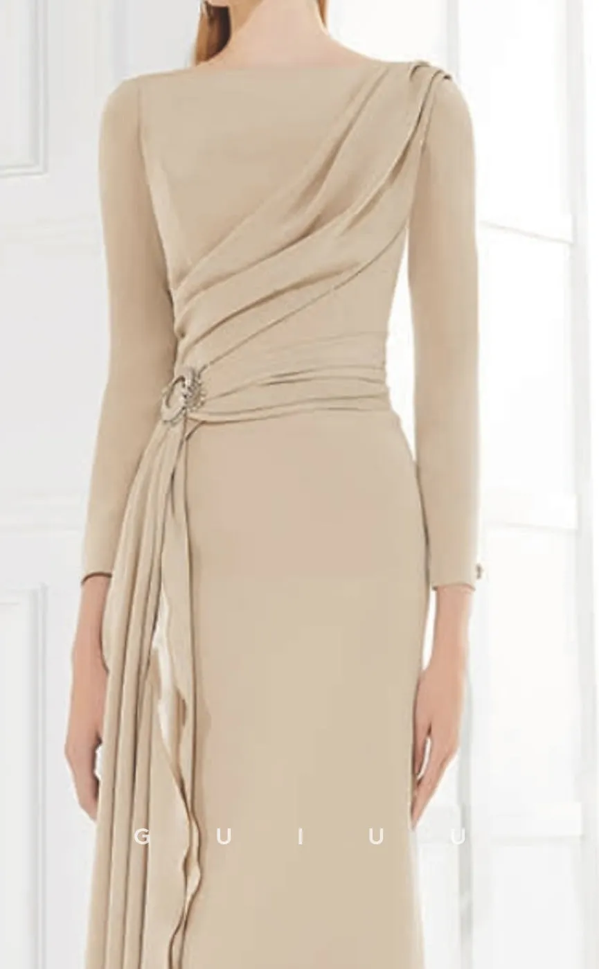 GM109 - Sheath Jewel Neck 34 Length Sleeves Floor Length Pleated Ruffles Chiffon Mother of the Bride Dress