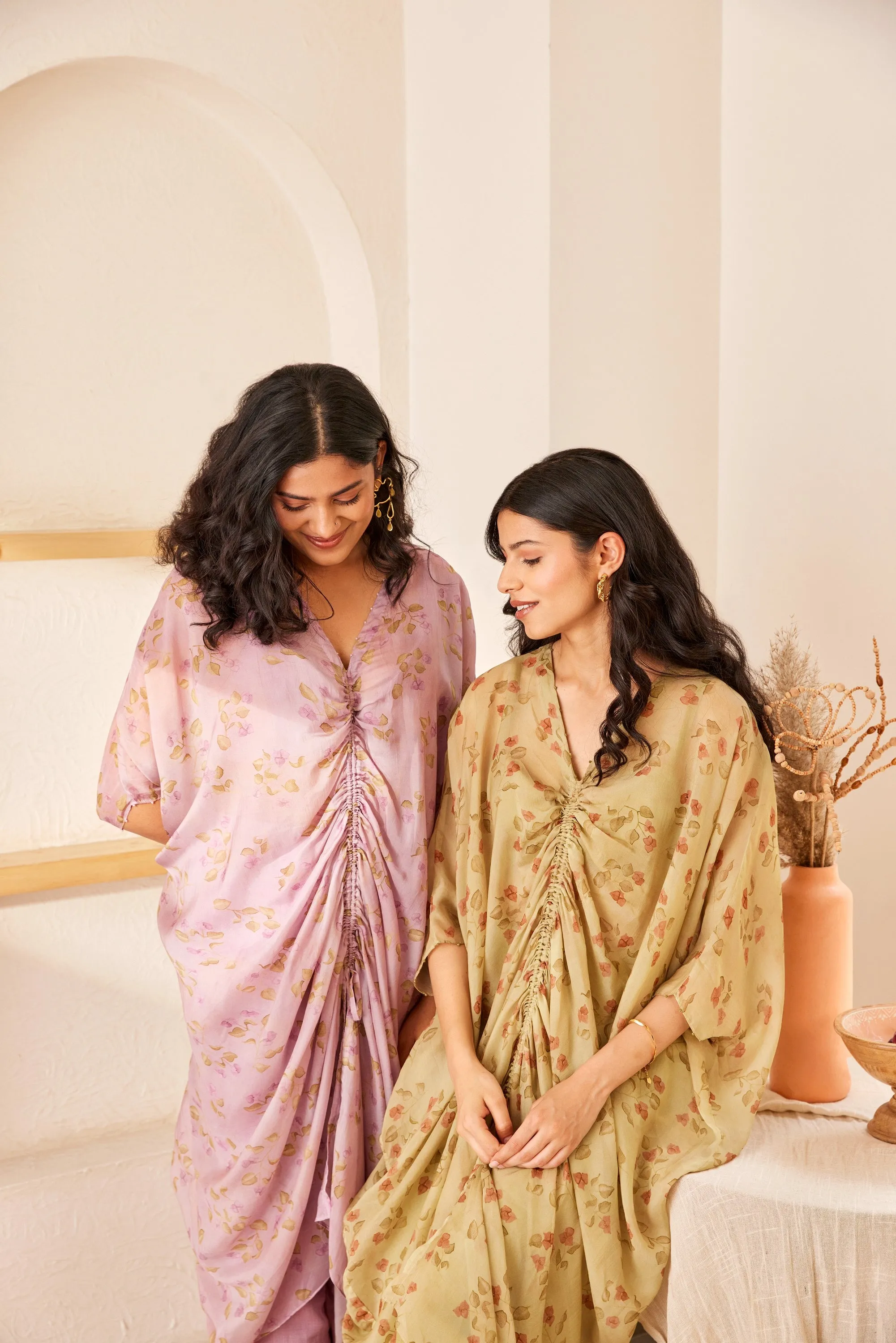 Green printed silk kaftan set