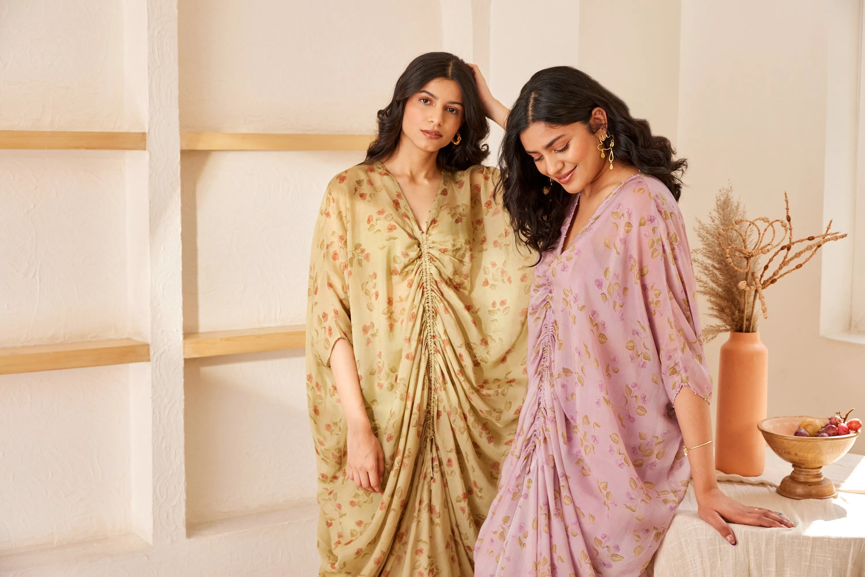 Green printed silk kaftan set