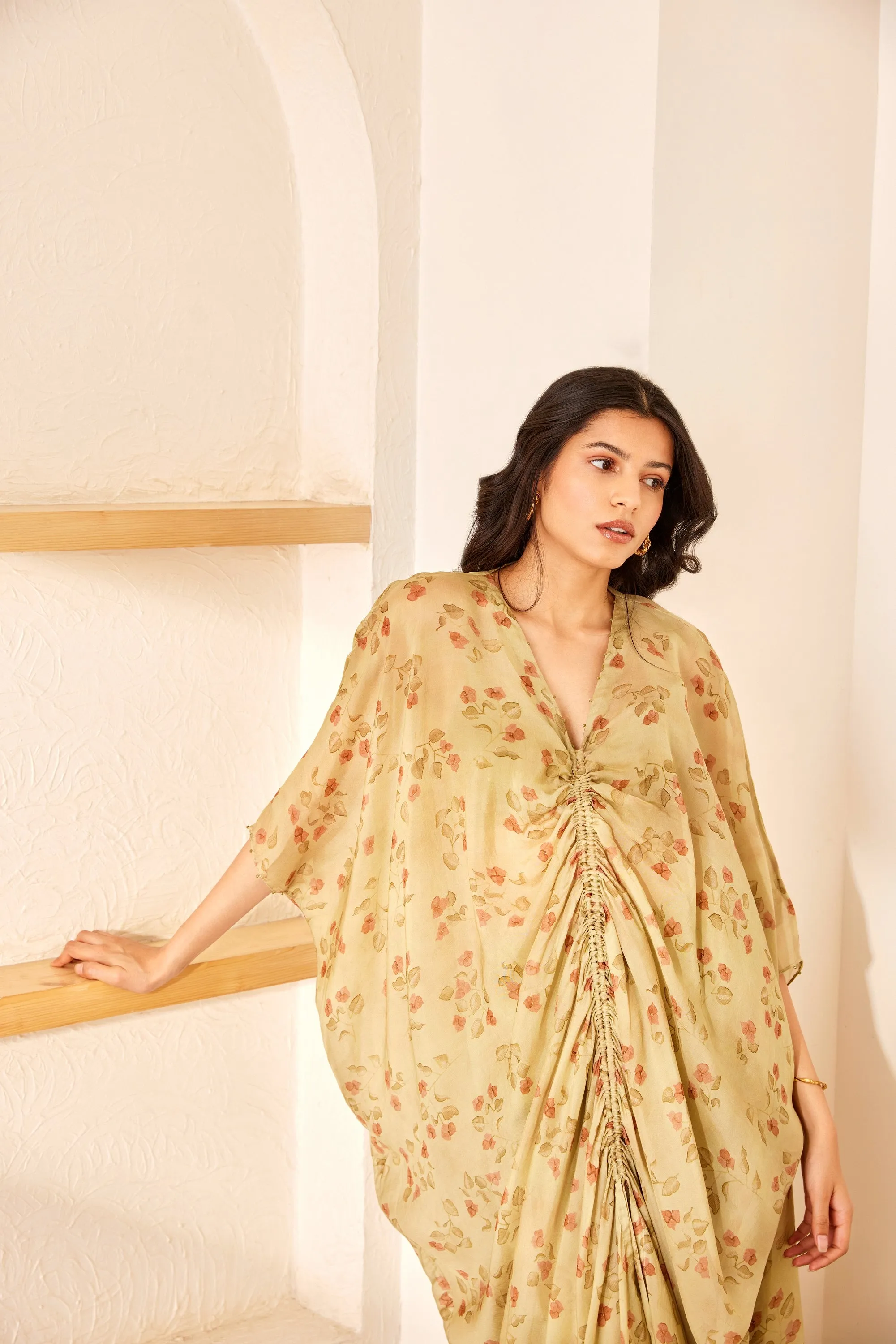 Green printed silk kaftan set