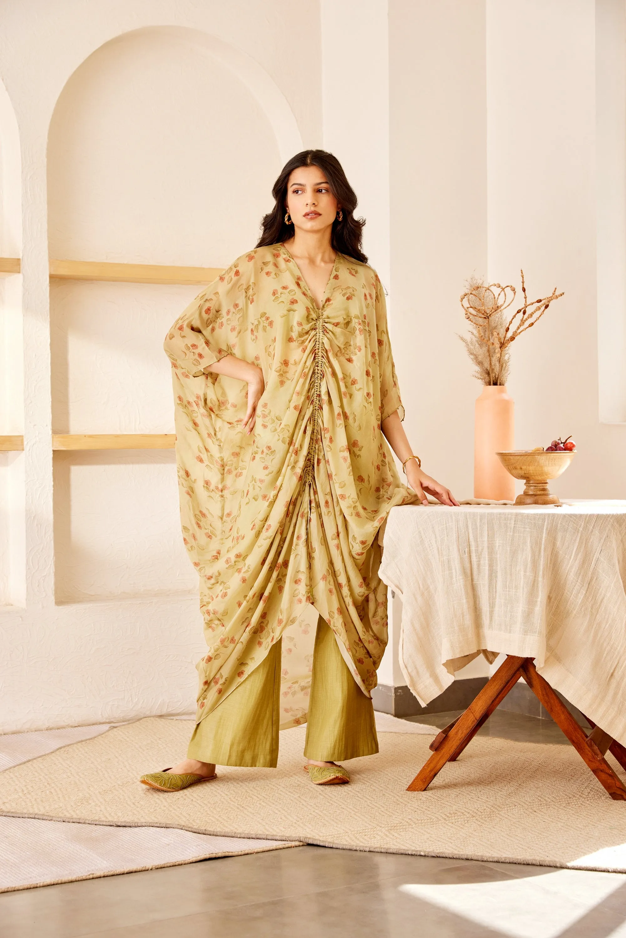 Green printed silk kaftan set