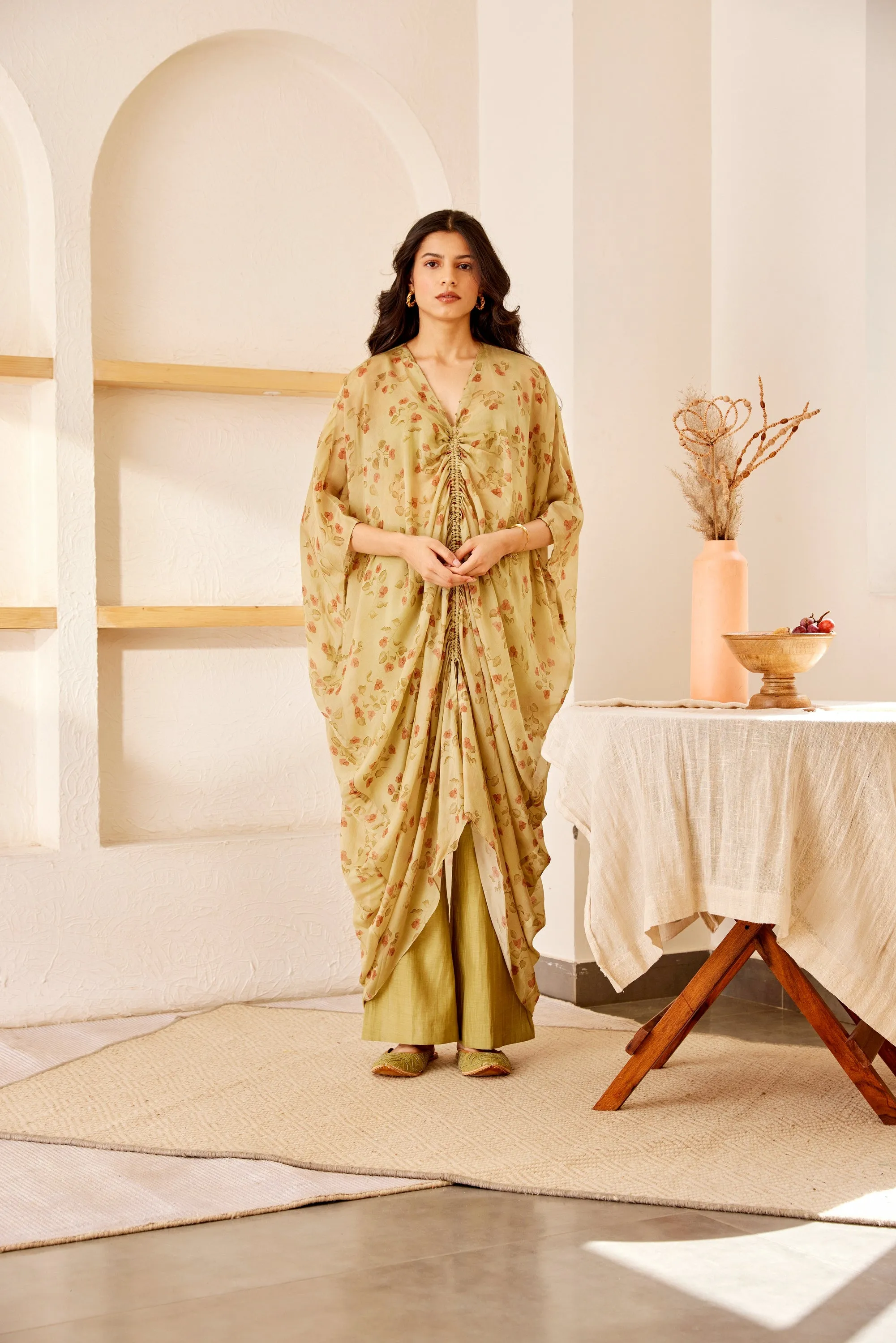 Green printed silk kaftan set