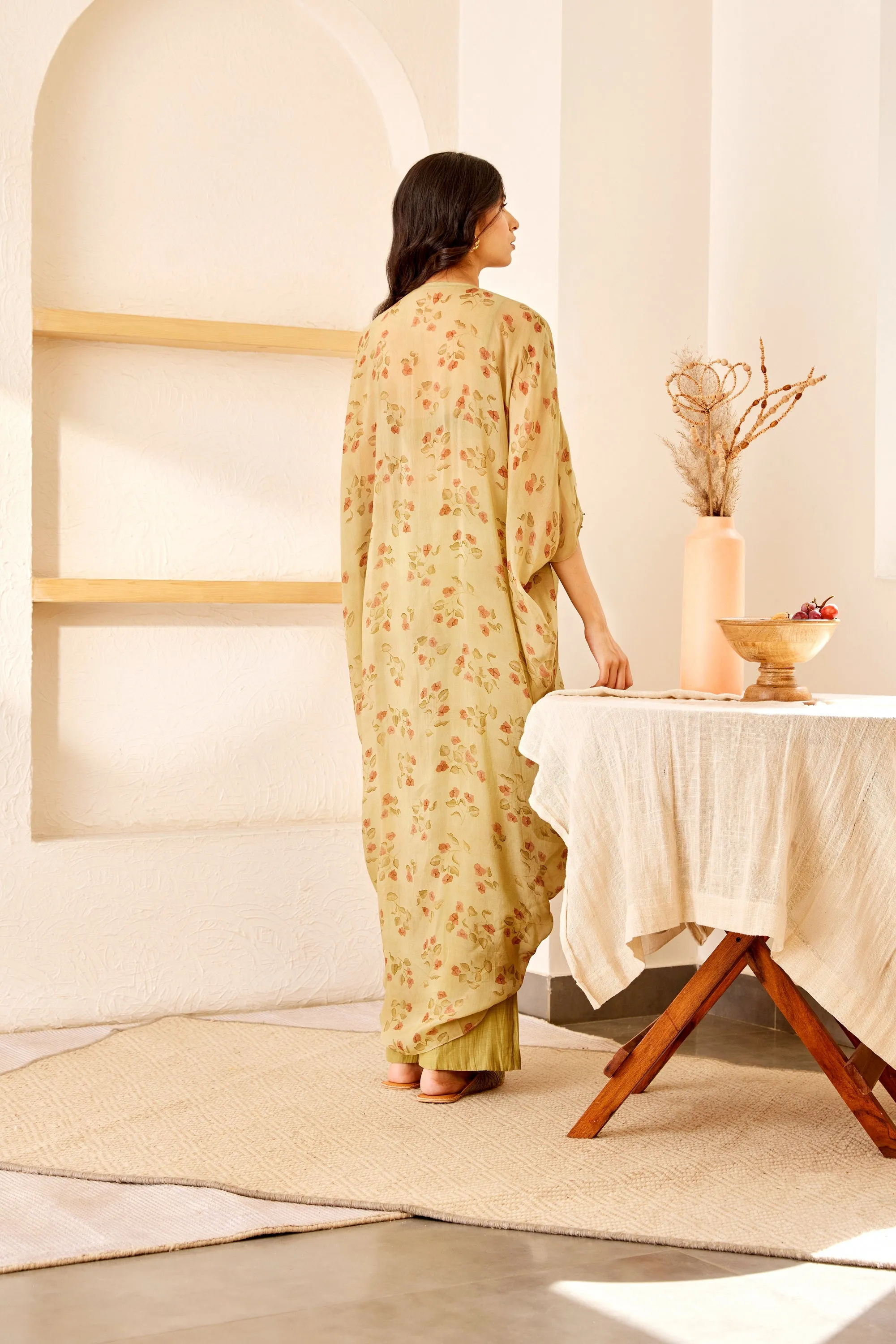 Green printed silk kaftan set