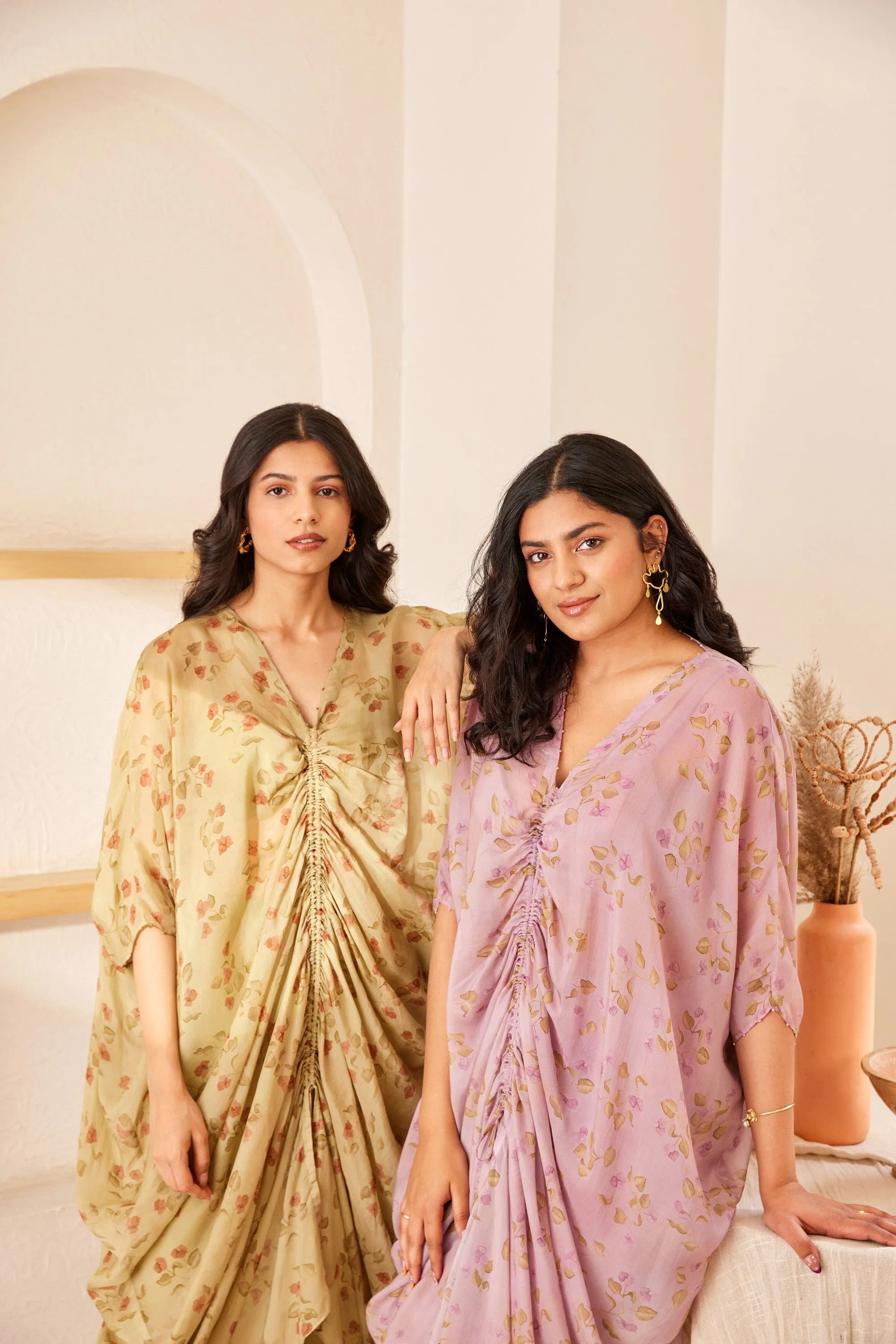 Green printed silk kaftan set