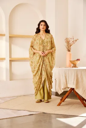 Green printed silk kaftan set