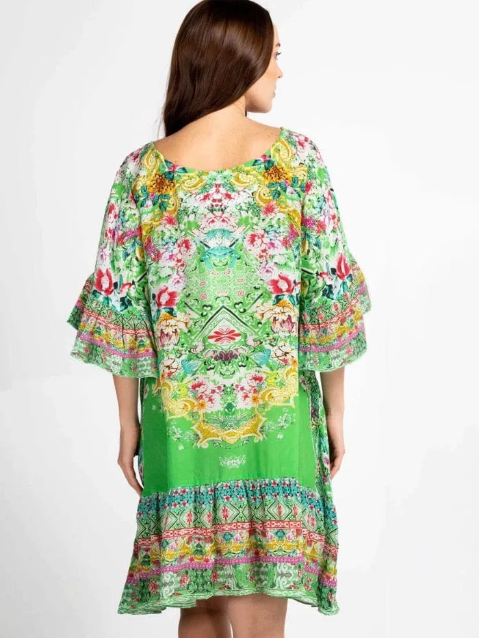 Inoa Versailles Gardenia Green Silk Gypsy BOHO DRESS With Crystals